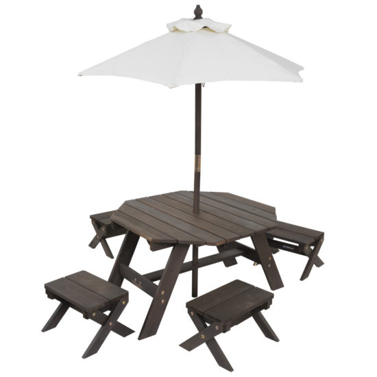 Kidkraft Octagon Table , Stools & Umbrella Set- Bear Brown & Beige